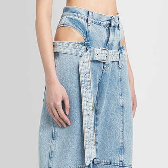 Hip Cutout Belted Light Wash Straight Leg Jeans Pants - Picture 2 of 7